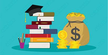 Image of a stack of books, & graduation cap beside stack of money