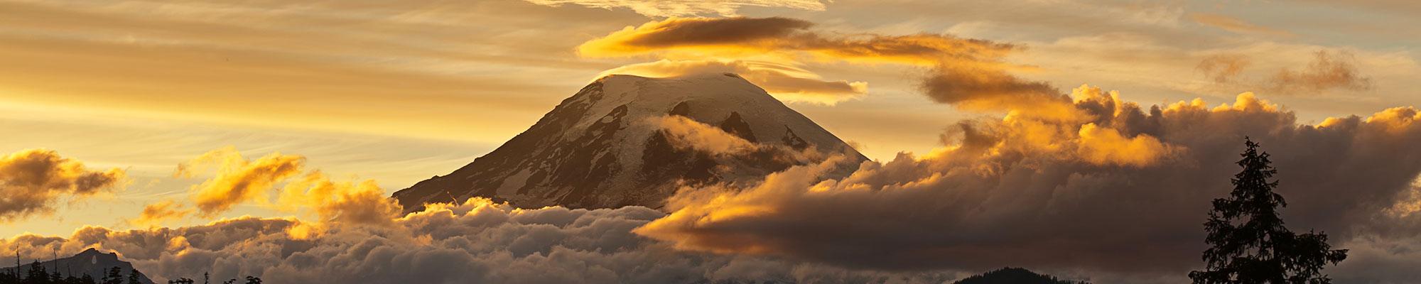 Mount Rainier with a golden sunset